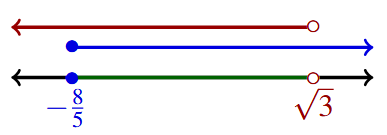 A number line with a blue line representing numbers greater than or equal to negative 8/5 and a red line representing numbers less than the square root of three.