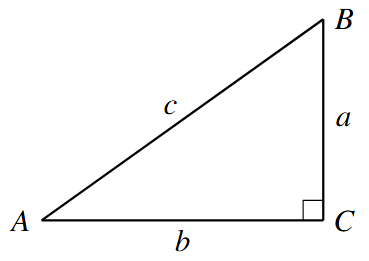 A right triangle with legs labeled a and b and the hypotenuse is labeled c.