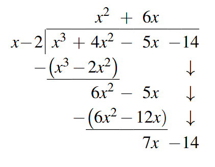 The second step in the division of x cubed plus 4 times x squared minus 5 times x minus 14 divided by x minus 2. The first term of the quotient is x squared and the second term is 6x and the current remainder is 7 times x minus 14