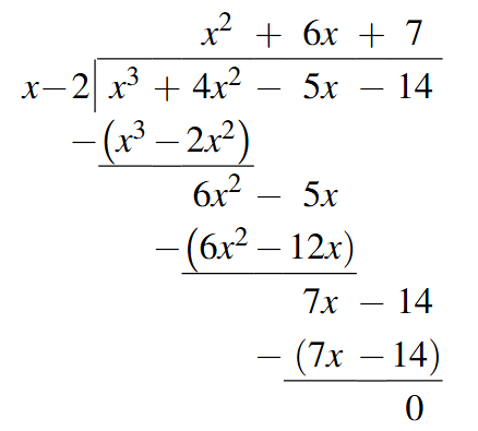 The last step in the division of x cubed plus 4 times x squared minus 5 times x minus 14 divided by x minus 2. The first term of the quotient is x squared and the second term is 6x and the final term is 7 and the current remainder is 0.