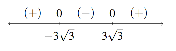 A number line with t = negative 3 square root of 3 and positive 3 square root of 3 marked. There is a 0 each t-value. The signs: (+), (-), and (+) are in the respective intervals between the given values of t as we move left to right on the number line.