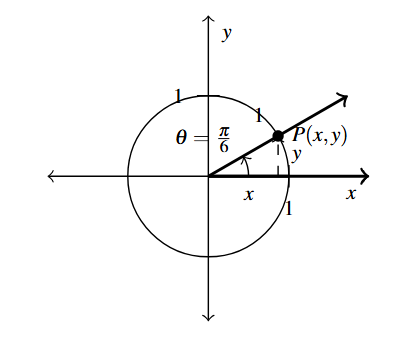 The coordinate plane with a circle with radius 1 and an arc that was pi divide by 6 radians from standard position. The point P (x,y) is on the terminal side.