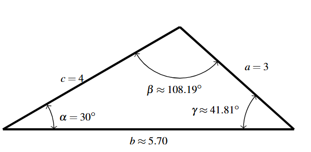 An obtuse triangle with alpha, beta, gamma, a, b, and c labeled based on gamma = 41.81 degrees.