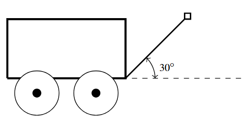 A diagram of a wagon. The horizontal extension of the bottom of the wagon and the handle of the wagon form a 30 degree angle.