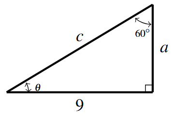 A right triangle with sides 9 and a and hypotenuse c. The angle opposite the side of length 9 is 60 degrees and the other angle is labeled theta