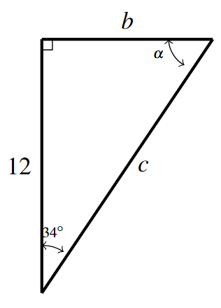 A right triangle with sides 12 and b and hypotenuse c. The angle opposite the side of length b is 34 degrees and the other angle is labeled alpha