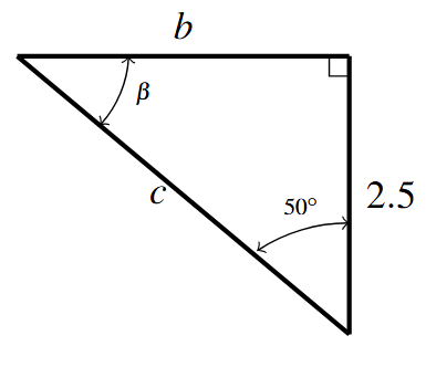 A right triangle with sides 2.5 and b and hypotenuse c. The angle opposite the side of length b is 50 degrees and the other angle is labeled beta
