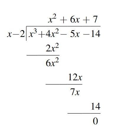 The process of dividing x cubed plus 4 times x squared minus 5 times x minus 14 divided by x minus 2. In each step only the first term of the product is kept.