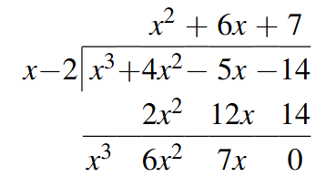 The streamlined process for dividing x cubed plus 4 times x squared minus 5 times x minus 14 divided by x minus 2.