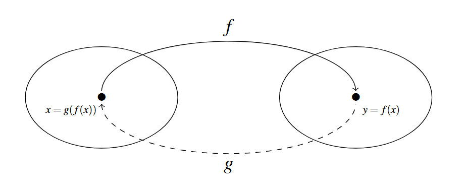 Two ovals, the first representing the domain of the function f and the second representing the range of the function f. There is a point x = g(f(x)) labeled in the first oval and y = f(x) is a point in the second oval. There is an arrow drawn from the first oval to the second labeled f. A second arrow goes from the second oval to the first, the path is dashed, and is labeled g.