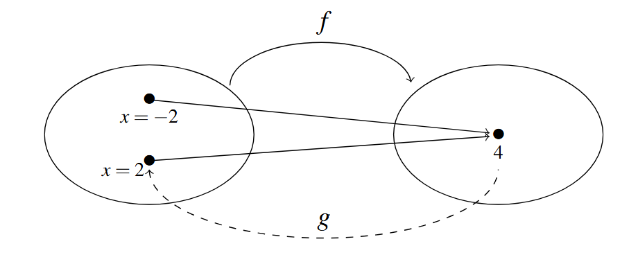 Two ovals, the first representing the domain of the function f and the second representing the range of the function f. There are two points x = -2 and x = 2 labeled in the first oval and 4 is a point in the second oval. There is an arrow drawn from the first oval to the second labeled f. A second arrow goes from the second oval to the first, the path is dashed, and is labeled g. There are also to solid lines, one drawn from x=-2 to 4 and another from x=2 to 4. The dashed line goes from 4 to x=2.