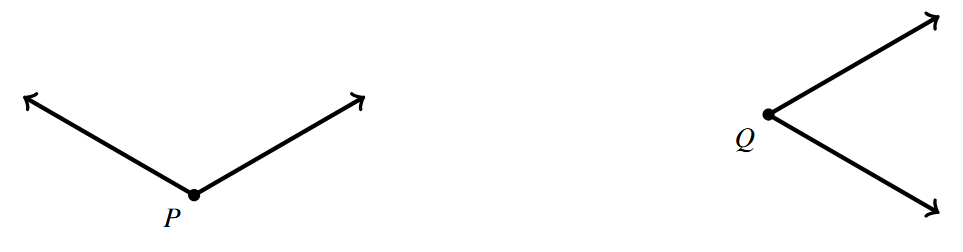 Two angles side by side. The first angle is made of two rays and a vertex of P. The second angle is two other rays and vertex Q.