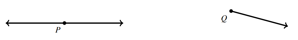 A straight angle with vertex P and a ray with no angle, with vertex Q.