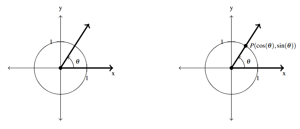 Two unit circles side by side. The first has the terminal side in the first quadrant and the angle is marked as theta. The second circle has the same terminal side and angle as the first picture. The point where the terminal side intersects the circle is labeled P( cosine theta, sine theta).
