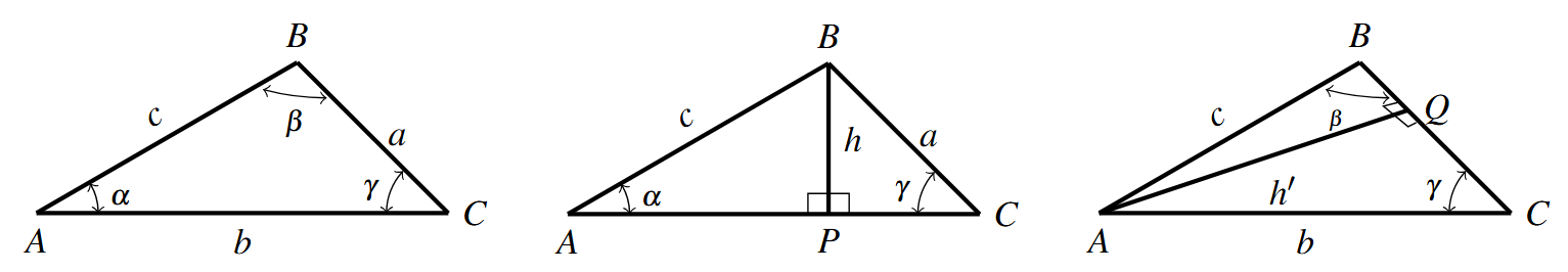 Three non-right triangles side by side. All three triangles have vertices A, B, and C starting in the lower left vertex and rotating clockwise from A. The side between vertices A and B is labeled c, the side between vertices B and C is labeled a, and the side between vertices A and C is labeled b. The angle at vertex A is labeled alpha, the angle at vertex B is labeled beta, and the angle at vertex C is labeled gamma. The first triangle has no additional information. The second triangle included a line segment perpendicular to side AC through vertex B. The line segment is labeled h and the point on AC is labeled P. The last triangle includes a line segment perpendicular to side BC through vertex A. The line segment is labeled h&#039; and the point on BC is labeled Q.