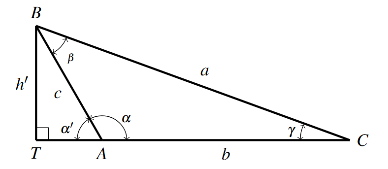 The triangle has vertices A, B, and C starting in the lower left vertex and rotating clockwise from A. The side between vertices A and B is labeled c, the side between vertices B and C is labeled a, and the side between vertices A and C is labeled b. The angle at vertex A is labeled alpha, the angle at vertex B is labeled beta, and the angle at vertex C is labeled gamma. Angle alpha is the obtuse angle. There is a perpendicular line segment from the vertex B to outside the triangle to a point T. The point T is on the extended line segment AC. The perpendicular line segment is labeled h&#039;. The hypotenuse of the right triangle is side c of the original triangle and the angle supplementary to alpha is labeled alpha&#039;.