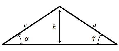 The triangle has sides a and c and angles alpha and gamma, and the height of the triangle is h labeled.